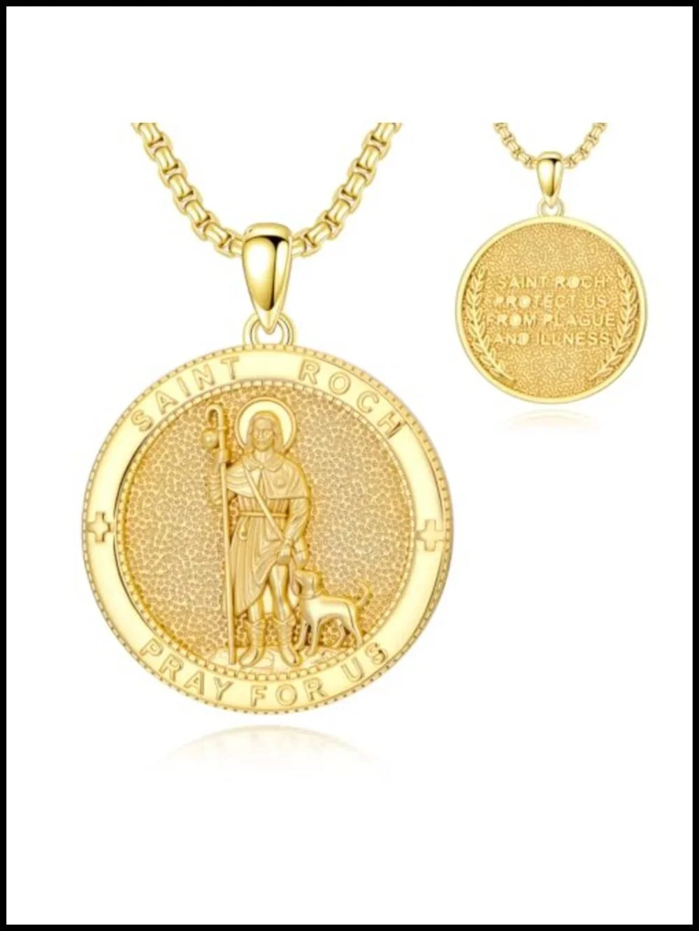 14K Gold Plated St Roch Catholic Medal Pendant Necklace Stainless Steel Chain